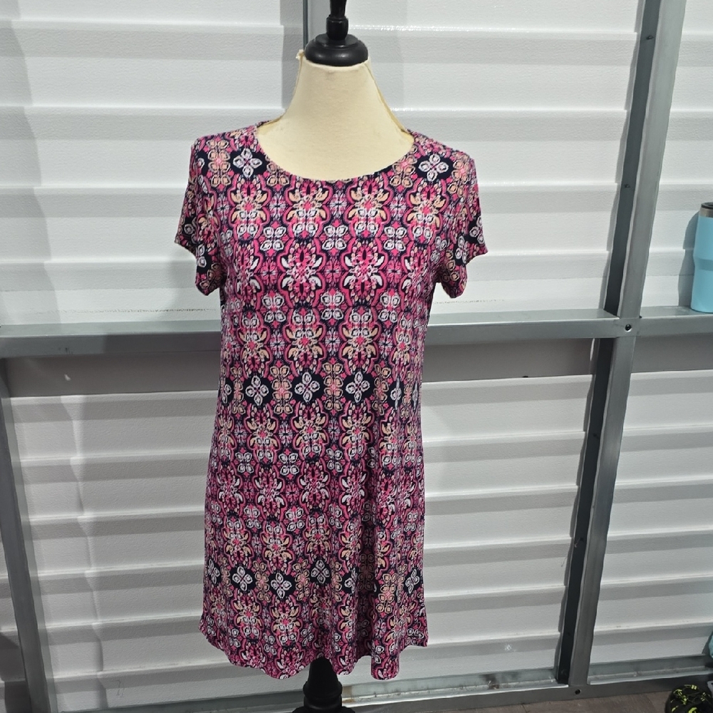 Kim Rogers Pink and Black Patterned Dress Size Petite Small